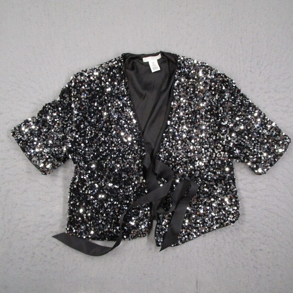 HM Women Black Silver Sequin Bolero Shrug Cropped Ribbon Tie Jacket Small